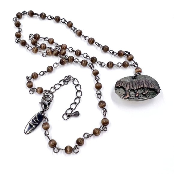 Up-Cycled - Tigers Eye Beaded Necklace Reversable Tiger Pendant 16” Necklace - Picture 1 of 7